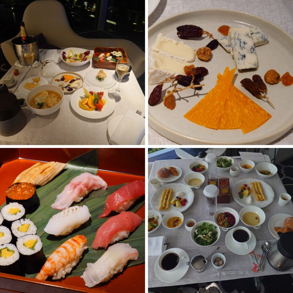 客室で食べた夕食と朝食。夕食の全景、チーズ、寿司、ハワイアンブレックファストを4枚にまとめたもの。