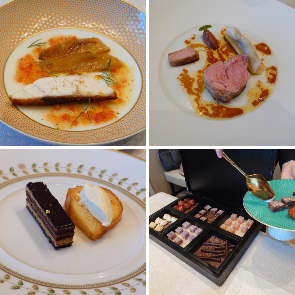 OZIOのランチコース後半。魚料理、仔牛料理、デザート、ワゴンの小菓子を4枚にまとめたもの。